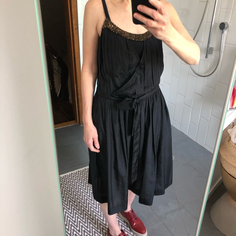 Black Silk Dress w Wrap-front & Embellishment